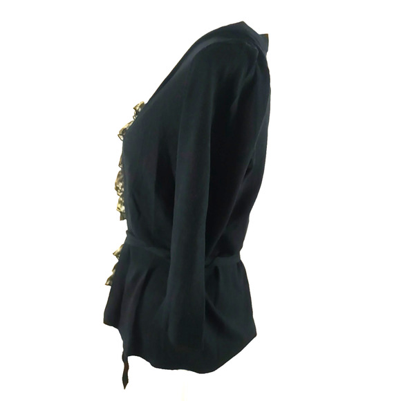 Chico's Women's Sweater Size 1 Medium Black Leopard Print Ruffle Quarter Sleeve - Picture 4 of 7